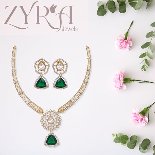 ZYRA JEWELS Micro Gold Plated Floral Necklace Set with American Diamond, Zircon & Moissanite Stones | Party Bling Luxury Designer Jewelry for Women & Girls (Emerald Green)