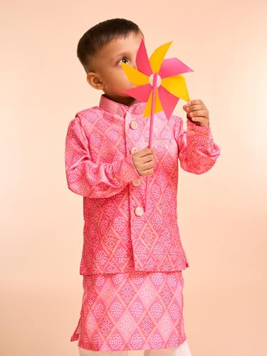 Manyavar Boys Cotton Blend Bandhani Print Kurta Jacket Set (Pink,5-6Y)