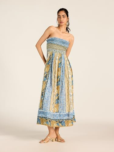 Label RITU KUMAR Blue Ecru Renelle Offshoulder Dress