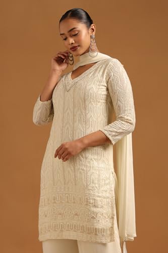 Soch Womens Cream Georgette Ethnic Motifs Salwar Suit With Hand Embroidery and Pearl Details