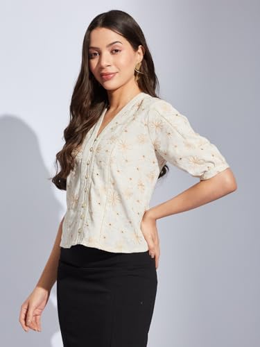 Latin Quarters Women Beige V-Neck Half Sleeves Printed Shirt Blouse for Casual Wear_M