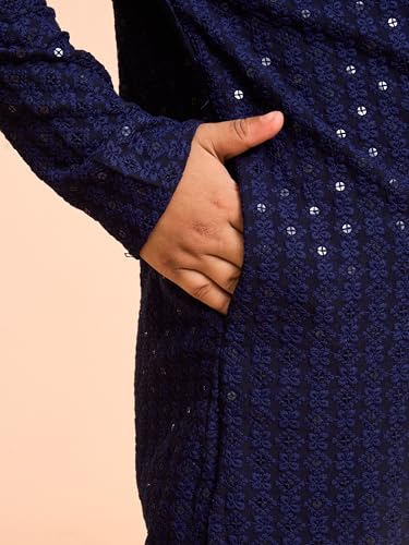 Manyavar Boys Viscose Chikankari Sequined Kurta Pyjama Set (Dark Blue,10-12Y)