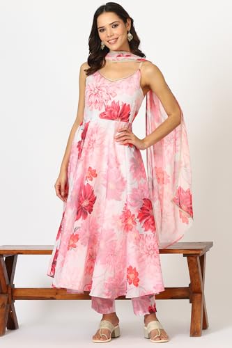 W for Woman White Digital Floral Printed Sleeveless Flared Kurta, Pants and Dupatta Set (Size: L)-24AUWS12583-123704