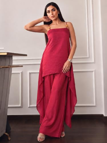 Varanga Women Maroon A Line Kurta Palazzos Set Square Neck Sleeveless