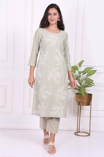 W for Woman Green Floral Printed Embroidered Rayon Straight Kurta and Pants Set - (WS13697-401078-3XL)