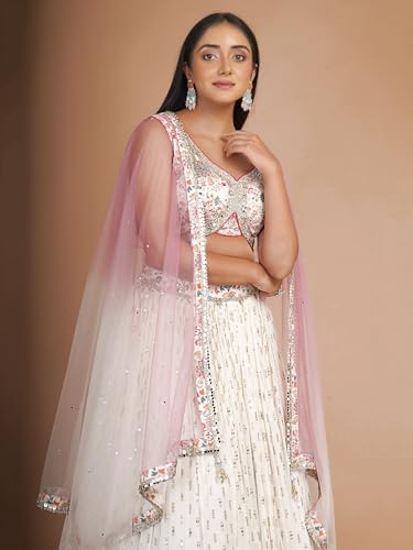 Zeel Clothing Women's Sequins Zari Embroidered Work Georgette Lehenga Choli With Dupatta (7070-White-Women-Lehenga-Choli-Latest; Free size) (White)