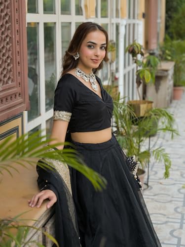 Divena Black Solid Organza Lehenga with Choli and Dupatta