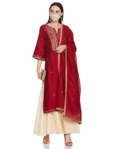 BIBA Women's Cotton Solid Relaxed Salwar Kurta Dupatta (Skd6901_Cherry Red_32)