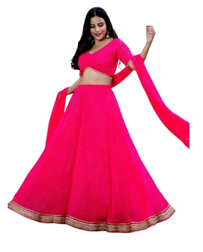 AG Clothing Women's Georgette Semi Stitched Lehenga Choli With Dupatta | Leheriya BAndhani Print And Lace Pattern | Traditional, Wedding,Navratri Ethnic Wear Lehenga (ZC-15049-Pink)