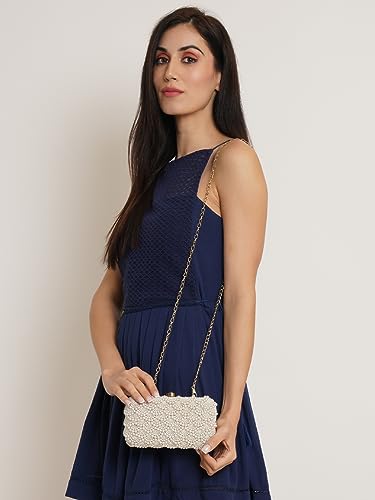 FABBHUE Women's Velvet White Hand Embroidery Box Clutch Purse