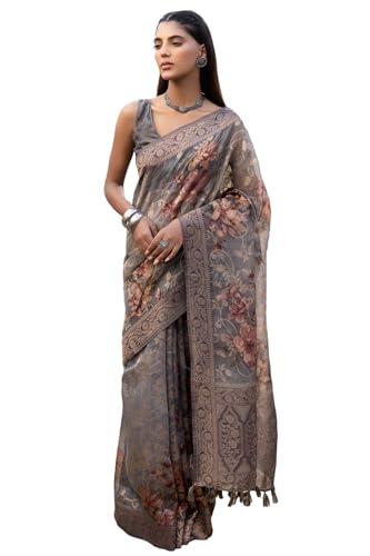 Soch Womens Grey Chanderi Floral Print Saree With Zari Woven