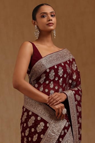 Soch Womens Wine Georgette Embroidered Saree With Stone Work