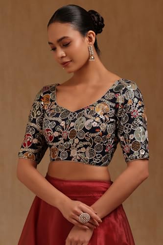 Soch Womens Navy Blue Georgette Embroidered Padded Blouse with Zari