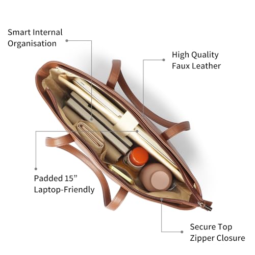 Fastrack Core Tote Laptop Bag For Women | Tan Faux Leather Bag | Fits Upto 15" Laptop | Ladies Handbag with Zipper Closure & Utility Pockets