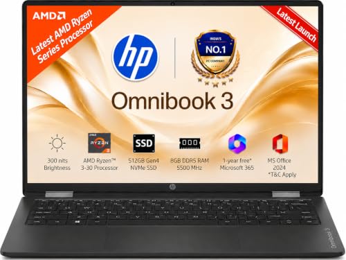 HP OmniBook 3 14 inch Laptop PC, FHD Display, 300 NIts, AMD Ryzen 3 30, 8 GB DDDR5 RAM, 512 GB Gen4 NVMe SSD, AMD Radeon 610M Graphics, Win11, M365* Office24, Iron Gray, 14-hy0030AU