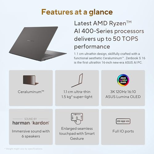 ASUS Zenbook S16 (2026),AMD Ryzen AI 9 465,AMD Radeon iGPU,32GB RAM, 1TB SSD,Touch Screen,OLED, 16" (40 cm),Windows 11,M365 Basic(1 Y)* Office 2024,Antrim Gray, 1.50 kg, UM5606GA-SR248WS,Co-Pilot+ PC