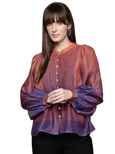 Label RITU KUMAR Band Collar Full Sleeves Ombre Top with Inner Purple