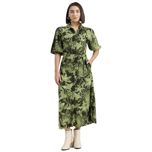 United Colors of Benetton Regular Fit Spread Collar Tropical Printed Dress (Size : L) - 26P4DRESS057I902 Green