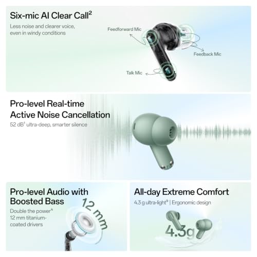 OnePlus Nord Buds 4 TWS Earbuds with 52dB Real-time ANC, Game Sound Spatial Audio, 6-Mic AI Clear Calls, Up to 54hrs Playback, 10 min for 11 hrs Fast Charging, Bluetooth 6.1 - Stellar Black