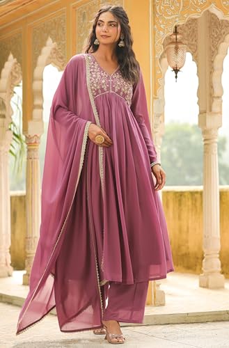Janasya Lavender Yoke Embroidery Kurta with Palazzo & Dupatta For Women Georgette Fabric Latest Fashion
