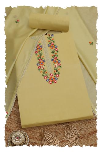 Soch Womens Light Yellow Rayon Embroidered Unstitched Dress Material With Thread Work