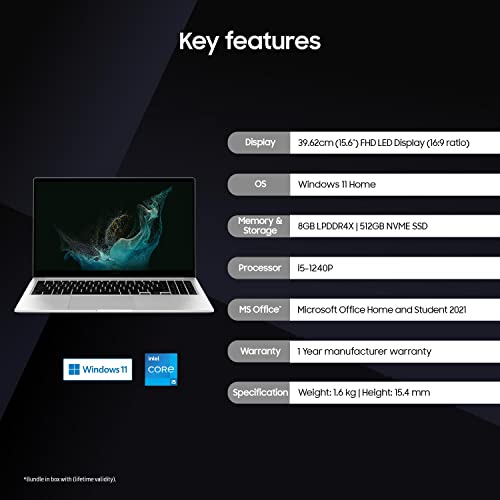Samsung Galaxy Book2 Intel 12th Gen core i5 39.6cm (15.6") FHD LED Thin & Light Laptop (8 GB/512 GB SSD/Windows 11/MS Office/Intel Arc Graphics 4GB/Backlit Keyboard/Silver/1.6Kg), NP750XEE-XB1IN