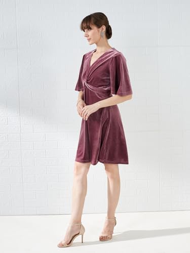 Latin Quarters Women's Pink Short Sleeves V-Neck Solid Party Above Knee Dress_XXL