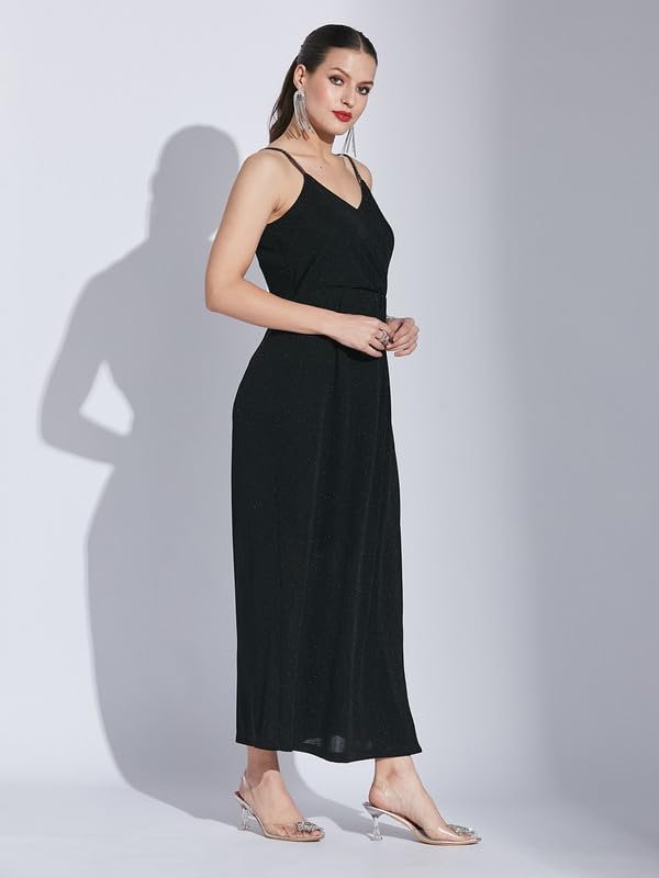 Latin Quarters Women Black V-Neck Sleeveless Solid Dress_M