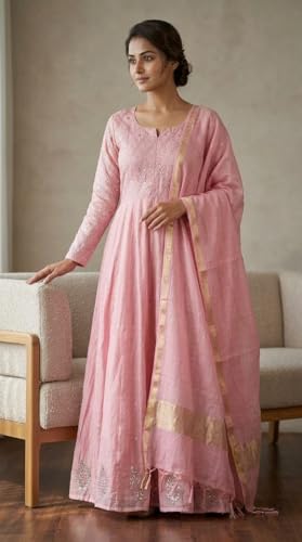 Gown in Mal Chanderi, Sage Green, Full Mukesh Embroidery Work, Sizes 36 to 50, Length 50 (in, Alpha, 4XL, Regular, Pink)