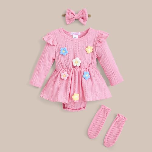 Hopscotch Girls Full Sleeves Pink Floral Applique Bodysuit For Ages (9-12 Months)