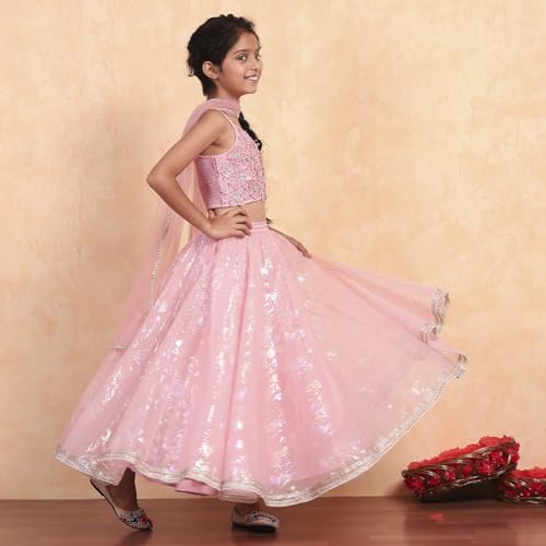 Biba Girls Pink Viscose Printed Flared Lehenga Set_8-9Y