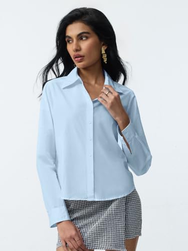 The Souled Store Classic Solids: Baby Blue Women and Girls Full Length Sleeves Collared Light Blue Solid Cotton Regular Fit Breathable Lightweight Everyday All-Season Button Down Shirt