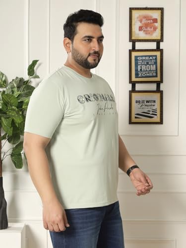 JOHN PRIDE Plus Size Men Regular Fit Printed Short Sleeves Green Round Neck Stretchable T-Shirt (JPTSR32461_5XL_Green)
