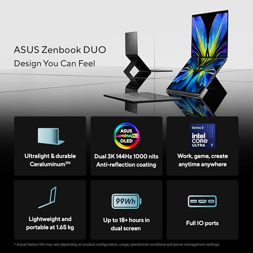 ASUS Zenbook Duo (2026),Intel Core Ultra 7 355,Intel iGPU,32GB RAM,1TB SSD,3K OLED,Touchscreen,14"(35.5 cm),Windows 11,M365 Basic(1Y),Office 2024,Moher Gray,1.65 Kg, UX8407AA-SN183WS,Copilot+ PC