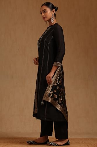 Soch Womens Black Vichitra Zari Woven Suit Set With Cutwork