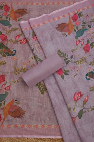Soch Womens Lavender Linen Botanical Print Unstitch Dress Material With Sequins