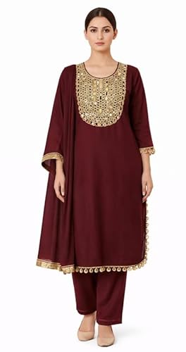 BALAJI TRENDS HUB Emerald Maroon Mirror Work Kurti Set with Golden Dupatta