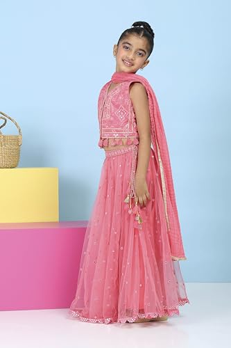 Biba Girls Pink Cotton Satin Solid Regular Lehenga Set_12-13Y
