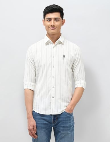 U.S. Polo Assn. Denim Co. Men's Striped Fitted Shirt (UDSHT1999_Ecru