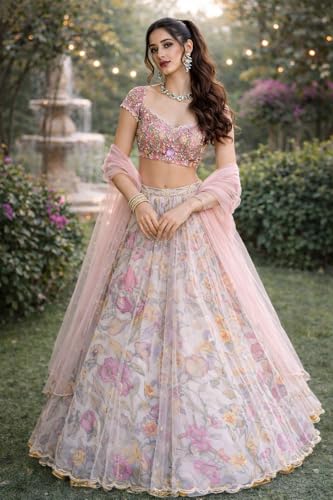 Artyfly Lehenga Choli For Womens And Girls et For Womens And Girls Hevay Pure Chinon silk digital printed 8mtr flair lehnga with canvas patta can can Chaniya Choli Wedding