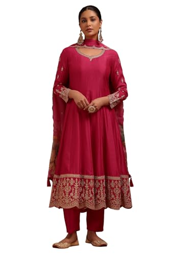 Soch Womens Fuchsia Dola Silk Embroidered Suit Set With Thread Work