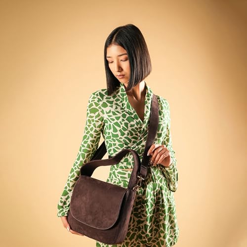 Theater Snackbox Shoulder Bag for Women | Suede Finish Structured Flap Handbag with Adjustable Strap | Medium Everyday Sling Bag with Organized Compartments
