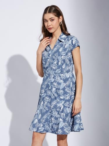 Latin Quarters Women Blue Collar Neck Cap Sleeve Printed A-Line Dress_2XL