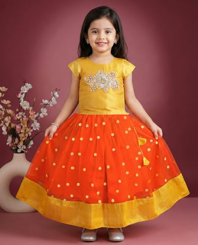 Stanwells Kids Girls Lehenga Choli Ruffle Pattern Dress Half Sleeves Readymade Hand Sequins Embroidery Ethnic Traditional Full Length South Indian Girl Lehnga Choli(Orange)(5-6 Years)