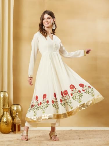 Divena White Cotton Hand Block Anarkali Kurta Sets with Dupatta