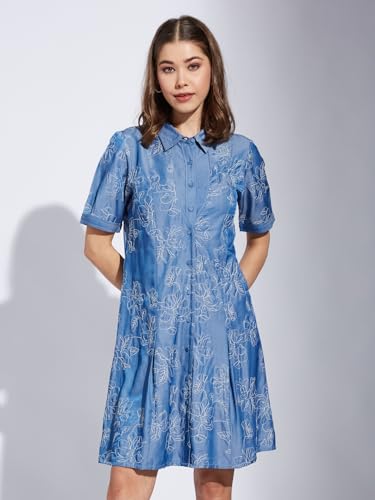 Latin Quarters Women Blue Collar Neck Half Sleeve Printed Shirt Dress_2XL