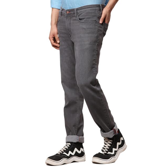Raymond Men's Slim Fit Cotton Blend Solid Pattern Flat Front Jeans Grey