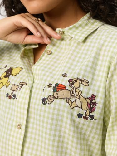 The Souled Store Winnie The Pooh: Garden Fun Women and Girls Full Length Spread Collar Green and White Embroidered Cotton Regular Fit Breathable Lightweight Everyday All-Season Shirt