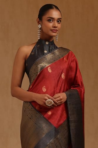 Soch Womens Deep Red Tussar Paisley Zari Woven Saree