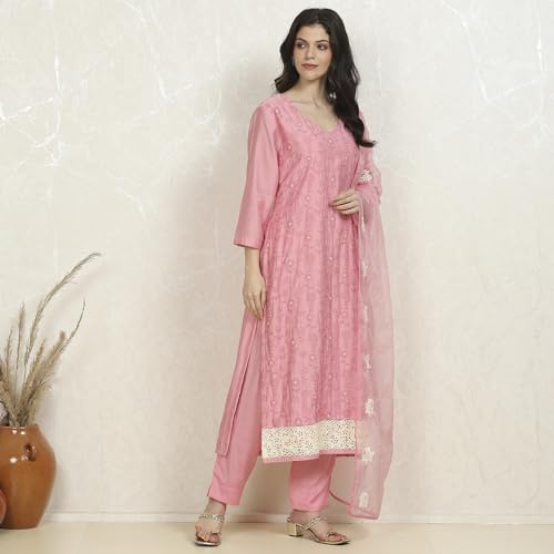 Biba Women's Pink Silk Blend Machine Embroidered Unstitched Suit Set